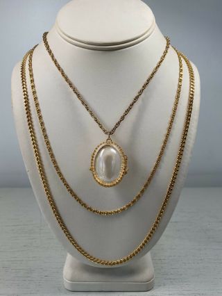 Rare Vintage Goldette Long Three - Strand Necklace With Bubble Glass Locket