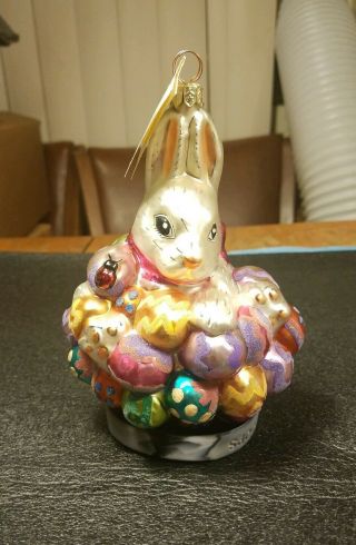 Christopher Radko Easter Rabbit Bunny With Eggs Glass Ornament Xmas