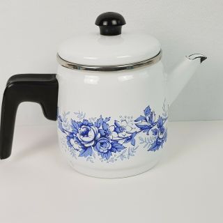 Vintage Small Enamel Coffee Pot Stovetop Teapot White Blue Cornflower Turkey