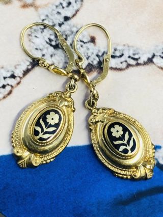 Rare Antique Rose Earrings Black Enamel