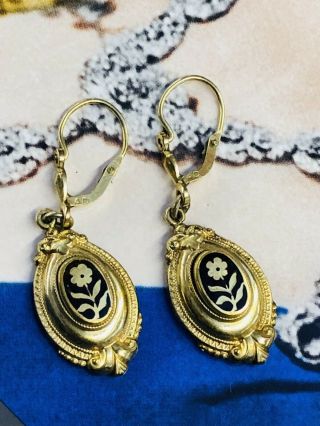 Rare Antique Rose earrings Black Enamel 2