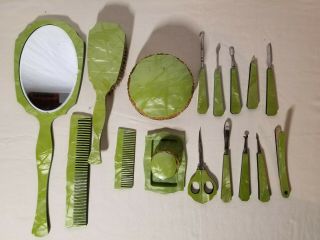 Vtg/antique 17pc Dresser/vanity Manicure Set Green Swirl Bakelite Celluloid?