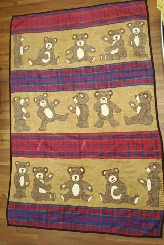 Vtg San Marcos Teddy Bears Plaid Blanket 55x75 Brown Red Blue Reversible