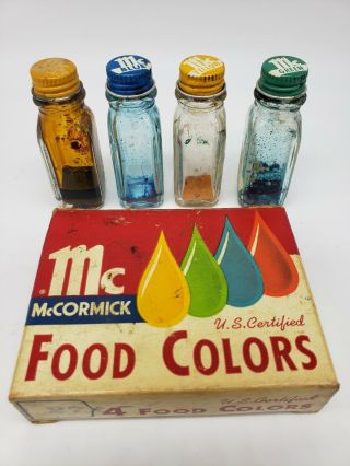 Vintage Set Of 4 Mccormick Food Color Glass Bottles Partially