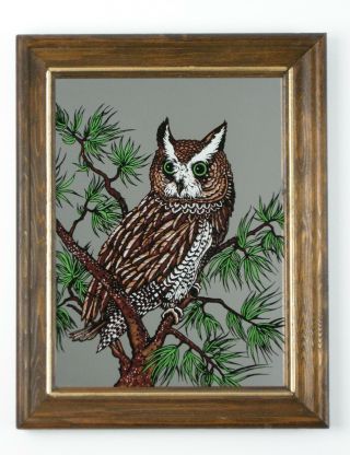 Vintage Horned Owl Mirror Art Silk Screen Print Wood Frame 14.  5 " X11.  5 "
