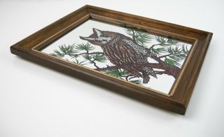 Vintage Horned Owl Mirror Art Silk Screen Print Wood Frame 14.  5 