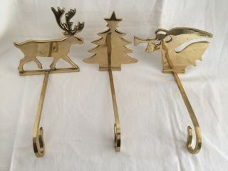 (3) Mantel Stocking Hangers Long Arm Polished Solid Brass Tree Angel & Deer Vtg