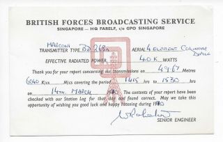 Qsl Radio British Forces Broadcasting Service Singapore 1970 On 6040 Kcs Sign Dx