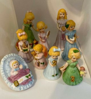 9 Vintage Enesco Growing Up Blonde Birthday Girls: Baby,  1,  2,  3,  4,  5,  6,  7,  8.