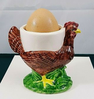 Vintage Egg Cup Ceramic Farmhouse Brown Hen Chicken Holder Breakfast Stand