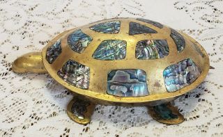 Vintage Inlaid Abalone Shell & Brass Turtle Hinged Jewelry Trinket Box Taxco