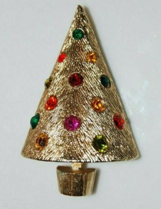 Rare Vintage Corocraft Light Up Golden & Rhinestone Christmas Tree Pin Or Brooch