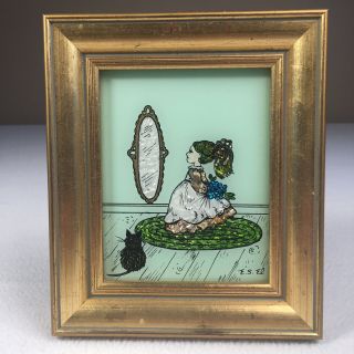 Vintage Reverse Painting On Glass Tinsel Painting Woman Mirror Cat 6.  5 " X 5.  5 "