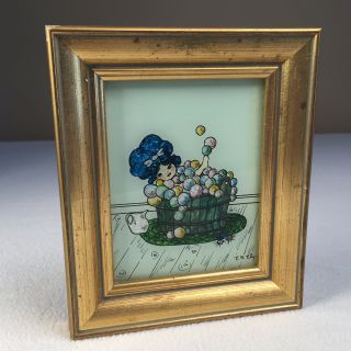 Vintage Reverse Painting On Glass Tinsel Painting Bubble Bath 6.  5 " X 5.  5 "