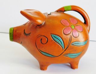 Vintage Mid Century Mod Orange Pig Piggy Bank Flower Groovy Hippie Kitsch