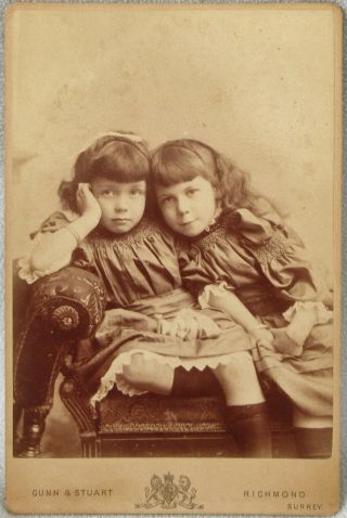 Cabinet Card Girls Punch Judy Puppet Matching Dress Antique Photo Hair Victorian