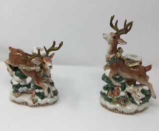 Fitz & Floyd Snowy Woods Christmas Reindeer Candle Holders - Pair