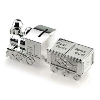 Personalised Silver Train Money Box With First Curl/tooth Carriage - Custom Engra