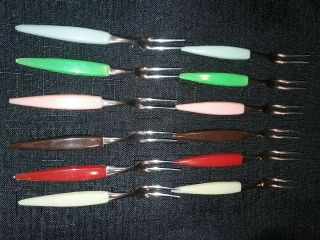 Vintage Set Of 12 Stainless Steel " Pickle / Olive " Forks 4 " - 6 Color Handles