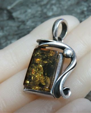 Vintage,  Solid Silver & Green & Yellow Amber Pendant.  Ref: Xabd
