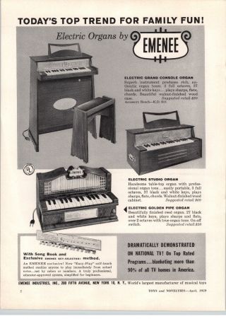 1959 Paper Ad Emenee Toy Electric Organ Grand Console Cherry Ames Nursing Game