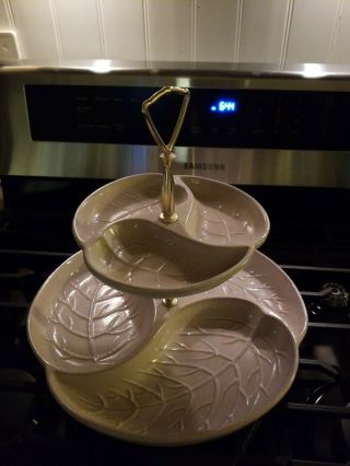 Vintage Mcm Royal Haeger 2 Tier Ceramic Snack Serving Tray Tan Leaf Pattern