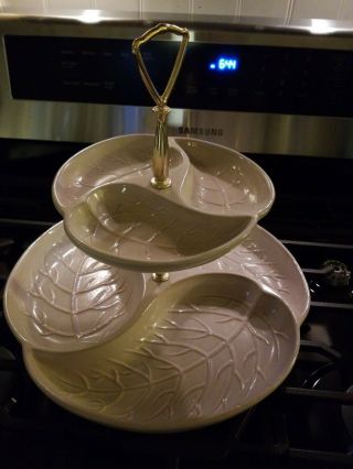 Vintage MCM Royal Haeger 2 Tier Ceramic Snack Serving Tray Tan Leaf Pattern 2