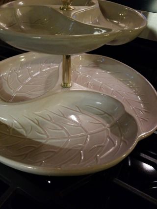 Vintage MCM Royal Haeger 2 Tier Ceramic Snack Serving Tray Tan Leaf Pattern 3
