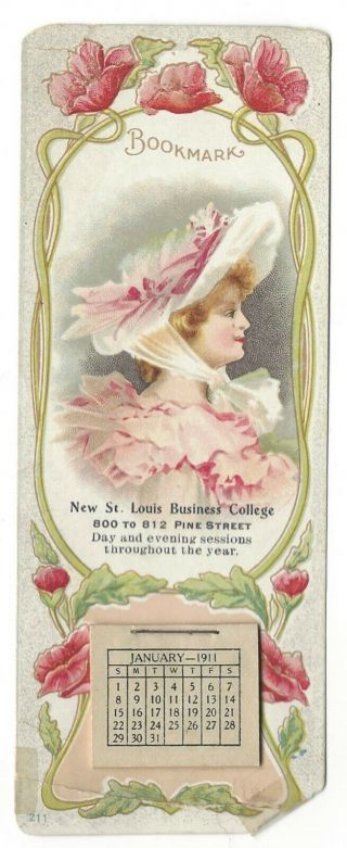 Victorian Trade Card - Bookmark W/1911 Calendar - St Louis (mo) Business College