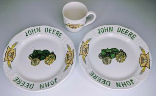 John Deere Tractor Licensed 2 Dinner Plates & 1 Cup Mug Gibson Large Rim 10 "