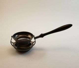 Vintage Silverplate Tea Strainer With Wood Handle - Drip Bowl - 6 3/4 " Long