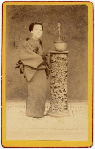 12308 Japanese Vintage Photo / 1880s Portrait Of Young Woman W Decoration Stand
