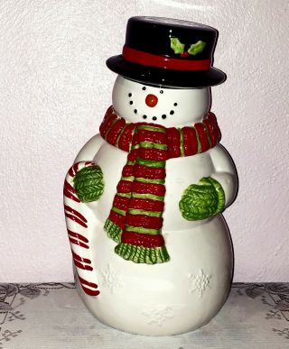 Holiday Christmas Winter Snowman Cookie Jar Red Green Scarf Mittens Top Hat