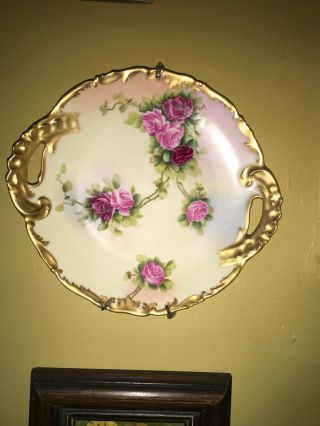 T And V Limoges Venice Handled Cake Plate Roses C.  1896 Gold T&v Porcelain Sign