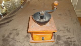 Vintage Olde Coffee Mill Grinder Wood Box Iron Handle Hopper