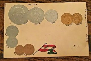 Antique Postcard Flag And Coins Of Hungary 1904
