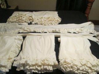 5 Pair Vtg Ivory Cotton Country Ruffled Priscilla Curtains 4 Tie Backs 56 " L