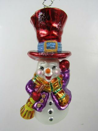 2001 Christopher Radko 4 " Snowman In Red Hat Glass Christmas Ornament