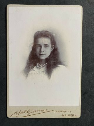 Victorian Photo: Cabinet Card: Young Girl Hair Down Unusual Necklace; Malvern