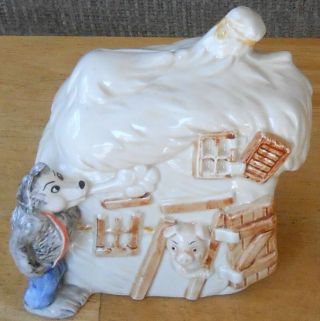 Big Bad Wolf Blowing House Down 3 Three Little Pigs Ceramic Bank W/orig Stopper