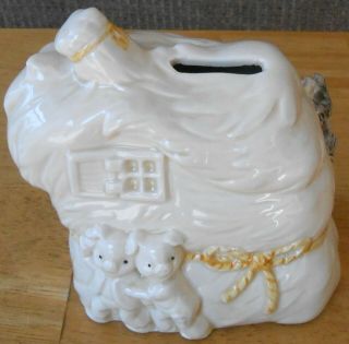Big Bad Wolf Blowing House Down 3 Three Little Pigs Ceramic Bank w/Orig Stopper 3
