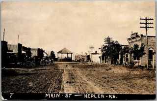 Hepler,  Kansas Rppc Real Photo Postcard Main Street Scene W/ Band Stand - 1908