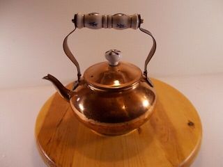 Vintage Copper Teapot Tea Kettle With Blue And White Ceramic Handle 8 - 1/2 Inches