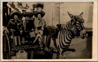 1940s Tijuana Mexico Rppc Photo Postcard 3 Happy Ladies On Donkey Cart