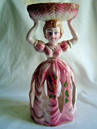 Vintage Ceramic Lady Napkin Holder Bell Pink Dress Basket On Head Japan