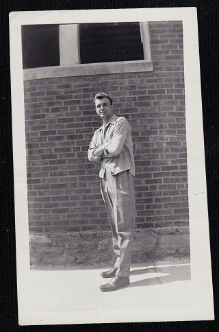 Antique Vintage Photograph Sexy Young Man Standing By Brick Wall