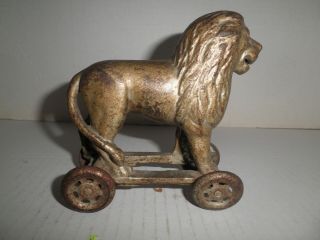 Great Old Cast Iron Lion On Wheels Still Bank,  By A.  C.  Williams 1920 