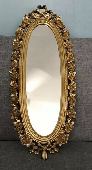 Vintage Syroco Gold Oval Rose Roses Framed Wall Mirror 1970