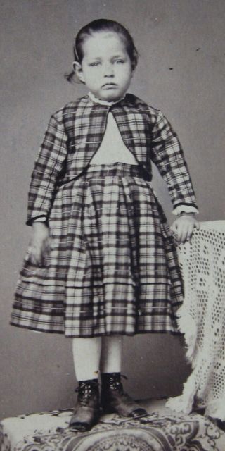 Antique Cdv Photo Cute Little Girl Wearing A Lovely Plaid Dress & Bolero Jacket