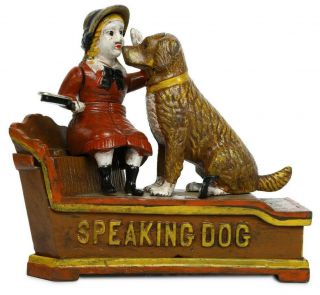 Antique / Vintage Style Cast Iron Mechanical Speaking Dog Money Bank Piggy Bank